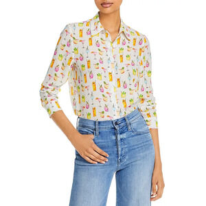Alice + Olivia Willa Cocktail Print Button Front Blouse Top White & Pink Size XS